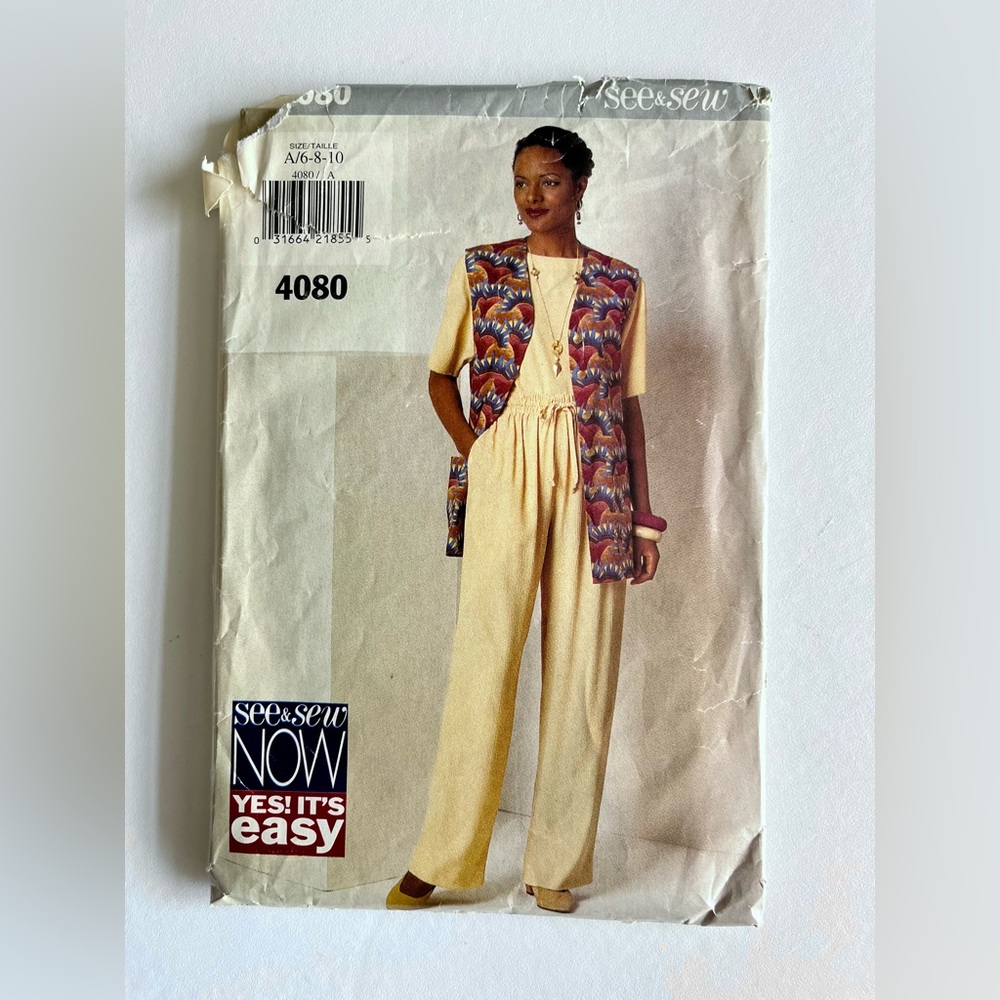 See & Sew Now Misses Butterick Pattern 4080 for Vest, Top, & Pants -Sizes 6,8,10